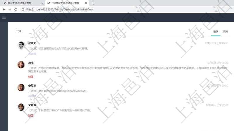 項目管理軟件市場營銷管理總經(jīng)理儀表盤市場管理包括：創(chuàng)意、試驗、市場、產(chǎn)品4類前端活動與項目、收款、售后3類后端活動。銷售管理包括線索、意向、提案報價、合同4類前端活動與項目范圍、簽約、執(zhí)行、收款、常規(guī)售后5類后端活動。