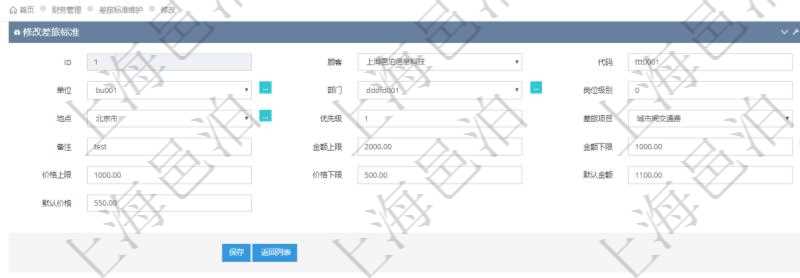 通過項目管理軟件財務(wù)管理系統(tǒng)，可以修改差旅標(biāo)準(zhǔn)信息字段數(shù)據(jù)：差旅標(biāo)準(zhǔn)代碼、單位、部門、崗位級別、地點(diǎn)、優(yōu)先級、差旅項目、備注、金額上限、金額下限、價格上限、價格下限、默認(rèn)金額、默認(rèn)價格。