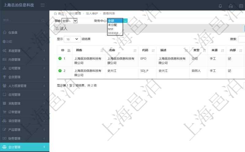 法人維護是項目管理軟件會計管理的一個功能。通過法人維護可以查詢到法人詳細信息，比如：法人名稱、代碼、描述、類型、來源、是否集團內部法人、法人財務中心等信息。