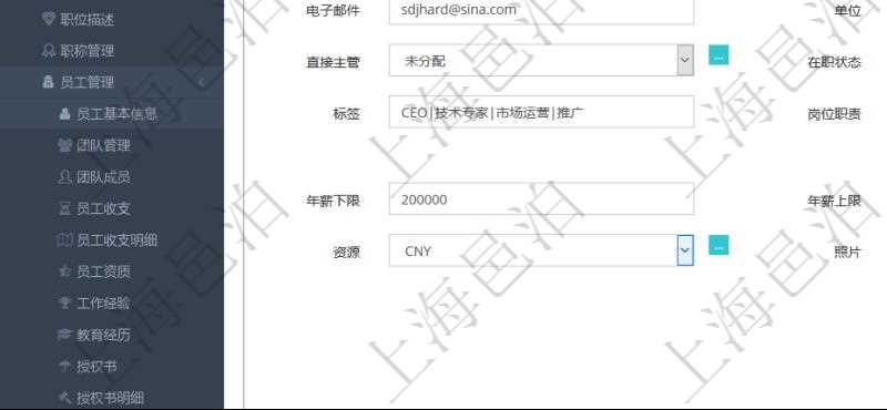 項(xiàng)目管理軟件人力資源管理模塊可以維護(hù)修改員工基本信息資料，比如：姓名、代碼、描述、財(cái)務(wù)人、登錄賬戶、工號(hào)、性別、生日、入職日期、學(xué)歷、崗位、職稱、電話、傳真、電子郵件、單位、部門、直接主管、在職狀態(tài)、負(fù)責(zé)領(lǐng)域、標(biāo)簽、崗位職責(zé)、自我介紹、年薪下限、年薪上限、年成本、資源、照片等。