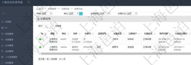 在項目管理軟件車輛管理中查詢車輛信息列表返回：單位、車輛名稱、車牌號、品牌型號、車輛類型、注冊用戶、車輛狀態(tài)、購買日期、行駛證過期日、退役日期、下次車檢日期、最近保養(yǎng)日期、下次保養(yǎng)日期、行駛里程等。