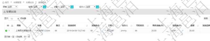 在項目管理軟件車輛管理系統(tǒng)中查詢車輛加油列表返回車輛、備注、加油時間、主管人、經(jīng)辦人、司機姓名、剩余油量、加油量、金額、加油品種、油價。