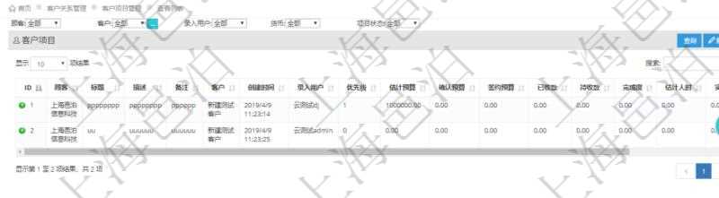 在項(xiàng)目管理軟件CRM客戶關(guān)系管理系統(tǒng)中查詢客戶項(xiàng)目列表返回：項(xiàng)目標(biāo)題、項(xiàng)目描述、項(xiàng)目備注、創(chuàng)建時(shí)間、錄入用戶、項(xiàng)目?jī)?yōu)先級(jí)、估計(jì)預(yù)算、確認(rèn)預(yù)算、簽約預(yù)算、已收款、待收款、完成度、估計(jì)人時(shí)、實(shí)際人時(shí)、貨幣單位、項(xiàng)目狀態(tài)。