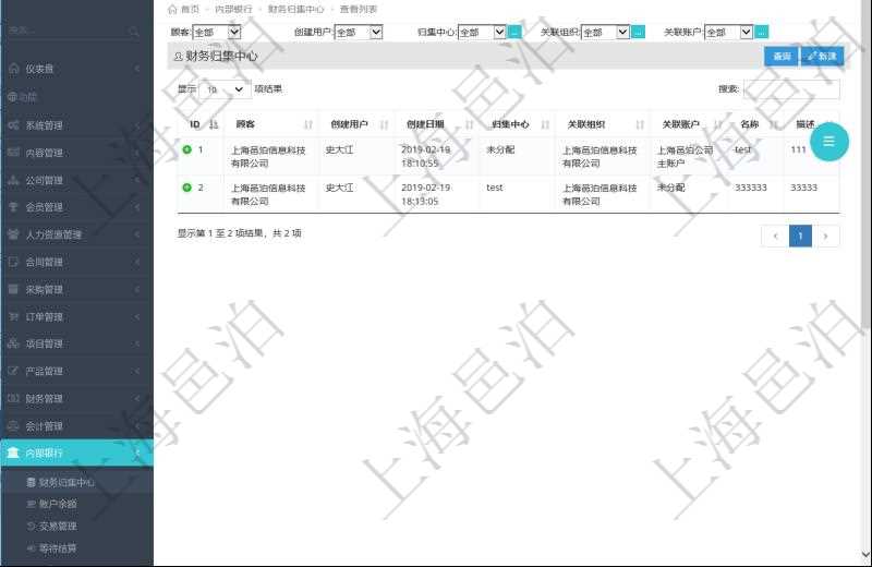 項(xiàng)目管理軟件有內(nèi)部銀行的功能模塊，通過查詢財(cái)務(wù)歸集中心，可以查到財(cái)務(wù)中心信息，比如：財(cái)務(wù)歸集中心創(chuàng)建用戶、創(chuàng)建日期、財(cái)務(wù)歸集中心名稱、關(guān)聯(lián)組織、關(guān)聯(lián)賬戶、名稱、描述等。