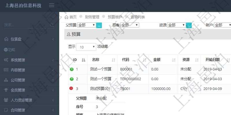 通過項(xiàng)目管理軟件財(cái)務(wù)管理模塊可以維護(hù)和查詢財(cái)務(wù)預(yù)算維護(hù)列表信息，比如：預(yù)算名稱、預(yù)算代碼、預(yù)算金額、貨幣單、開始日期、結(jié)束日期、描述、審批中預(yù)算、已用預(yù)算、是否完成、預(yù)算類型、父預(yù)算、序號、創(chuàng)建時(shí)間、賬戶、是否激活、預(yù)算項(xiàng)目、項(xiàng)目引用、警報(bào)比率、預(yù)警比率。