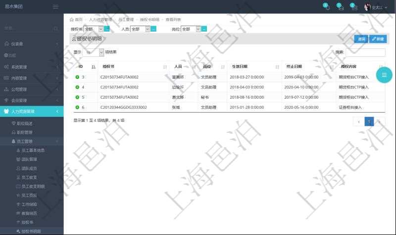在項目管理軟件人力資源模塊，查詢授權(quán)書明細信息返回授權(quán)書、人員、崗位、生效日期、終止日期及授權(quán)內(nèi)容。