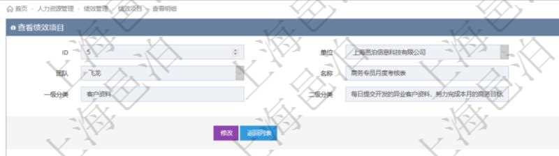 項(xiàng)目管理軟件人力資源管理模塊績效項(xiàng)目明細(xì)查詢還可以關(guān)聯(lián)查詢更多相關(guān)資料，比如績效評分明細(xì)：單位、部門、期間、人力資源類型、人力團(tuán)隊(duì)資源、版本、績效項(xiàng)目、一級分類權(quán)重、二級分類權(quán)重、三級分類權(quán)重、績效項(xiàng)目權(quán)重、更新時(shí)間等。