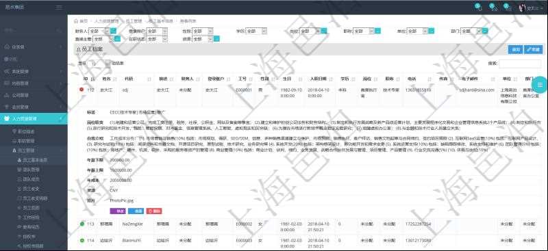 項(xiàng)目管理軟件人力資源管理模塊查詢列表可以查詢返回員工基本信息資料，比如：姓名、代碼、描述、財(cái)務(wù)人、登錄賬戶、工號、性別、生日、入職日期、學(xué)歷、崗位、職稱、電話、傳真、電子郵件、單位、部門、直接主管、在職狀態(tài)、負(fù)責(zé)領(lǐng)域、標(biāo)簽、崗位職責(zé)、自我介紹、年薪下限、年薪上限、年成本、資源、照片等。