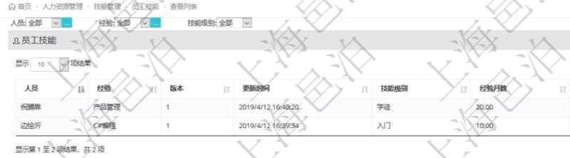 在項(xiàng)目管理軟件里，人力資源管理模塊可以查詢(xún)員工技能配置信息，比如：人員、經(jīng)驗(yàn)、版本、更新時(shí)間、技能級(jí)別、經(jīng)驗(yàn)月數(shù)等。