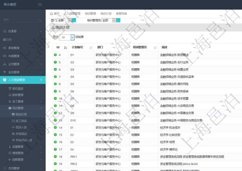 在項(xiàng)目管理軟件人力資源模塊，查詢培訓(xùn)計(jì)劃信息返回計(jì)劃編號(hào)、部門、培訓(xùn)管理員、描述等信息。