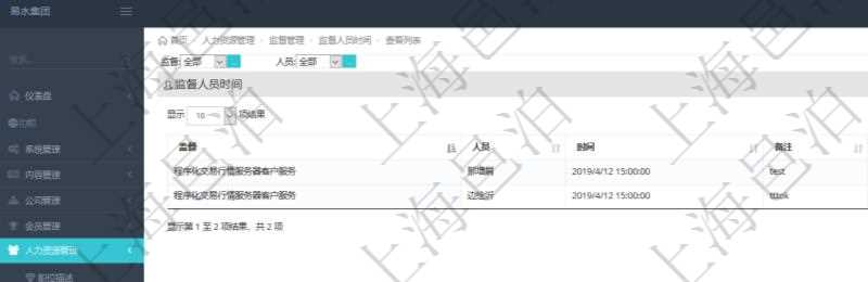 在項(xiàng)目管理軟件人力資源模塊，查詢監(jiān)督人員時間信息返回監(jiān)督、人員、執(zhí)行時間及備注。