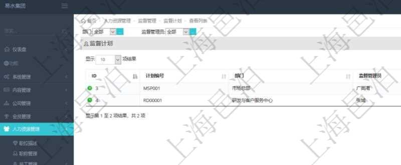 在項(xiàng)目管理軟件人力資源模塊，查詢監(jiān)督計(jì)劃信息返回計(jì)劃編號(hào)、部門、監(jiān)督管理員及描述等。