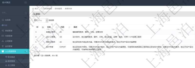 項目管理軟件人力資源管理職稱管理查詢列表可以查詢維護(hù)職稱配置信息，比如包括：ID、名稱、代碼、描述與分類等。