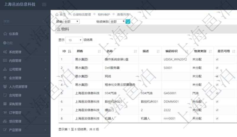 在項(xiàng)目管理軟件倉(cāng)儲(chǔ)物流管理系統(tǒng)查詢物料維護(hù)返回的列表信息有：物料名稱、描述、編碼標(biāo)識(shí)、物資類別、是否可用、長(zhǎng)、寬、高、半徑、容量、重量。