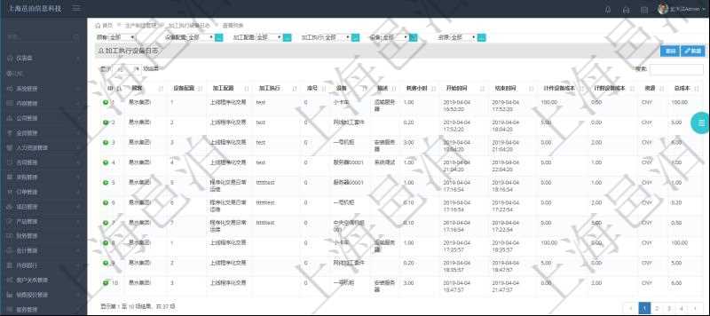 在項(xiàng)目管理軟件MES生產(chǎn)制造管理系統(tǒng)中查詢加工執(zhí)行設(shè)備日志返回設(shè)備配置、加工配置、加工執(zhí)行、序號、設(shè)備、描述、耗費(fèi)小時、開始時間、結(jié)束時間、計件設(shè)備成本、計時設(shè)備成本、資源、貨幣單位、總成本。