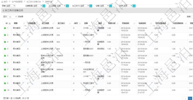 在項目管理軟件MES生產制造管理系統(tǒng)中查詢加工執(zhí)行設備日志返回設備配置、加工配置、加工執(zhí)行、序號、設備、描述、耗費小時、開始時間、結束時間、計件設備成本、計時設備成本、資源、貨幣單位、總成本。
