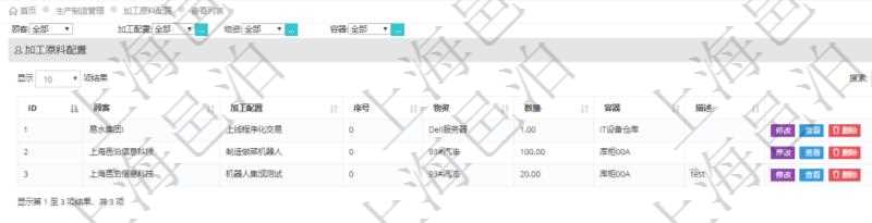 在項目管理軟件MES生產(chǎn)制造管理系統(tǒng)查詢加工原料配置列表時返回：加工配置、序號、物資、數(shù)量、容器、描述等。