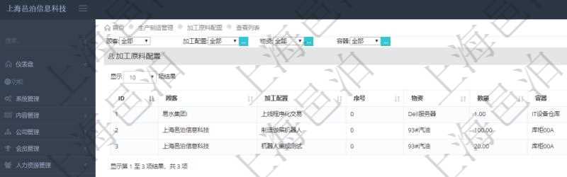 在項目管理軟件MES生產(chǎn)制造管理系統(tǒng)查詢加工原料配置列表時返回：加工配置、序號、物資、數(shù)量、容器、描述等。