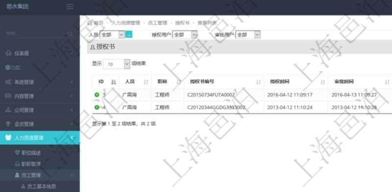 項(xiàng)目管理軟件里，在人力資源管理模塊可以查詢到員工授權(quán)書：人員、職稱、授權(quán)書編號(hào)、授權(quán)時(shí)間、審批時(shí)間、授權(quán)用戶、審批用戶等信息。