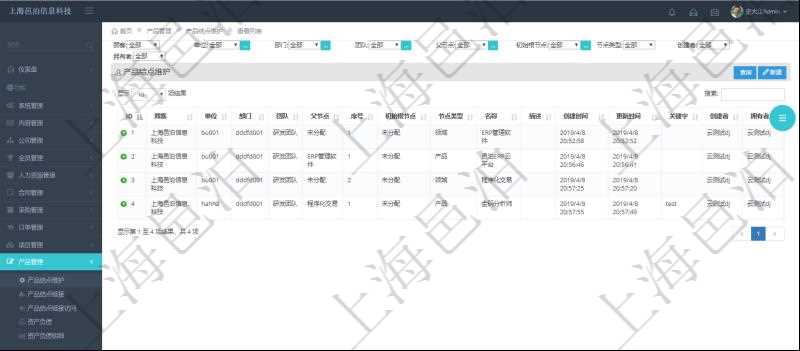 在項目管理軟件里可通過產(chǎn)品管理系統(tǒng)查詢返回產(chǎn)品結(jié)點維護(hù)列表信息，比如：：單位、部門、團(tuán)隊、父節(jié)點、序號、初始根節(jié)點、結(jié)點類型、結(jié)點名稱、描述、創(chuàng)建時間、更新時間、關(guān)鍵字、創(chuàng)建者、擁有者。