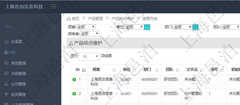 在項目管理軟件里可通過產(chǎn)品管理系統(tǒng)查詢返回產(chǎn)品結(jié)點維護列表信息，比如：：單位、部門、團隊、父節(jié)點、序號、初始根節(jié)點、結(jié)點類型、結(jié)點名稱、描述、創(chuàng)建時間、更新時間、關(guān)鍵字、創(chuàng)建者、擁有者。