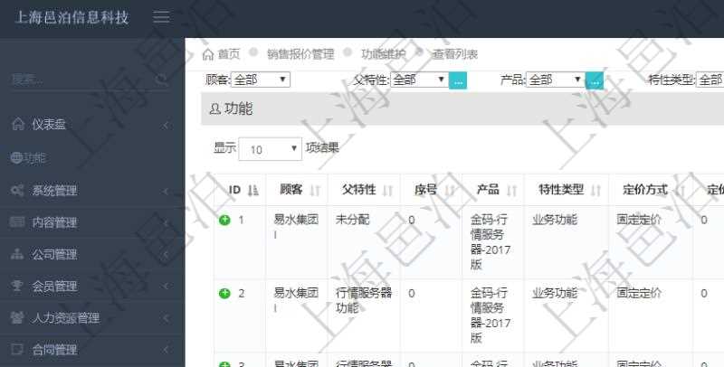 在項(xiàng)目管理軟件銷售報(bào)價(jià)管理系統(tǒng)中，可通過(guò)功能維護(hù)來(lái)管理每個(gè)子功能特性的報(bào)價(jià)參考，查詢功能維護(hù)時(shí)可返回字段信息有：父功能特性、序號(hào)、產(chǎn)品、特性類型、定價(jià)方式、定價(jià)參考特性、參考比率、功能編號(hào)、功能名稱、功能描述、功能種類、價(jià)格、最低價(jià)、成本等。