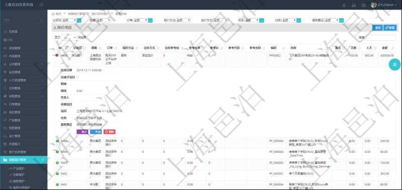 在項目管理軟件銷售報價管理系統(tǒng)中查詢報價項目維護信息后返回報價項目明細：訂單、報價方法、定價方法、定價參考項、參考比率、參考ID、參考代碼、參考名稱、報價編碼、名稱、備注、天數(shù)、人天、金額、數(shù)量、單價、比率、最終報價、開始日期、結(jié)束日期、是否壓縮子項目、報價明細、顯示順序、負責人、依賴項目、項目、任務、服務票證。