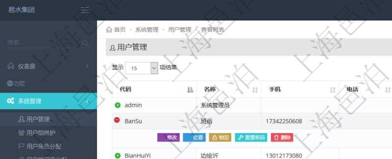 用戶管理查詢可以查到項目管理軟件中的用戶信息列表，包括：用戶登錄代碼、名稱、手機、電話、郵箱、創(chuàng)建日期、激活狀態(tài)等。可以對用戶進行修改、查看、鎖定、解鎖、重置密碼和刪除等操作。