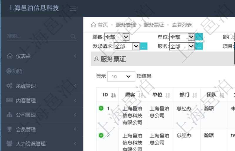項目管理軟件通過服務票證跟蹤和管理服務工作流程。通過查詢服務票證頁面可以查詢得到服務票證詳細列表，列表內(nèi)容包括：單位、部門、團隊、父票證、序號、發(fā)起請求、服務、分類、標題、描述等。