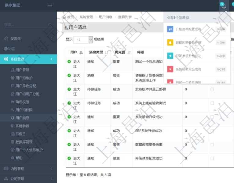 項目管理軟件使用用戶通知來實現(xiàn)系統(tǒng)與用戶之間的溝通，系統(tǒng)管理員可在用戶消息查詢頁面查詢得到所有用戶通知。