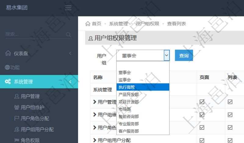 可通過勾選設(shè)置用戶組中用戶訪問系統(tǒng)功能模塊的權(quán)限，比如每個(gè)頁面的功能使用、列表查詢、明細(xì)查看、新建、更新、刪除等操作權(quán)限，也可以針對(duì)每個(gè)功能特定的操作和業(yè)務(wù)流程設(shè)置權(quán)限，比如：用戶管理的導(dǎo)入用戶與導(dǎo)出表格功能。
