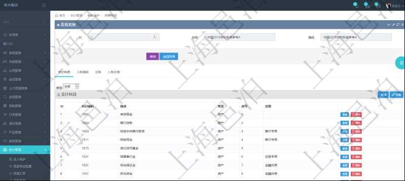 項目管理軟件會計管理模塊套賬明細查詢還可以關聯(lián)查詢更多相關資料，比如會計科目配置：科目編碼、科目描述、科目類型、序號及適用范圍。