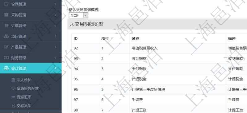 項(xiàng)目管理軟件會計(jì)管理模塊交易明細(xì)類型查詢還可以關(guān)聯(lián)查詢更多相關(guān)資料，比如子交易明細(xì)類型：序號、子交易明細(xì)類型名稱、描述、默認(rèn)交易明細(xì)模板。