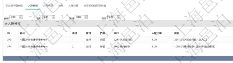 項(xiàng)目管理軟件會計(jì)管理模塊交易明細(xì)類型查詢還可以關(guān)聯(lián)查詢更多相關(guān)資料，比如入賬模板：套賬、序號、收付標(biāo)之、借貸標(biāo)志、科目、入賬比率、說明。