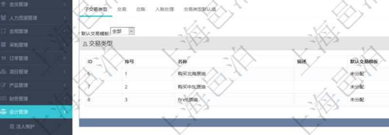 項目管理軟件會計管理模塊交易類型查詢還可以關(guān)聯(lián)查詢更多相關(guān)資料，比如子交易類型：序號、子交易類型名稱、描述、默認交易模板。