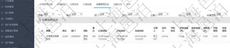 在項(xiàng)目管理軟件車輛管理系統(tǒng)查詢車輛信息還會返回關(guān)聯(lián)的車輛使用日志：單位、部門、團(tuán)隊(duì)、備注、記錄時(shí)間、開始時(shí)間、結(jié)束時(shí)間、主管人、經(jīng)辦人、司機(jī)姓名、開始油量、結(jié)束油量、油耗數(shù)量、開始里程、結(jié)束里程、行駛里程、目的、申請記錄、出發(fā)地址、結(jié)束地址。