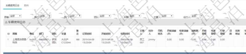 在項目管理軟件車輛管理系統(tǒng)查詢車輛使用申請明細信息還會返回關(guān)聯(lián)的車輛使用日志列表：單位、部門、團隊、車輛、備注、記錄時間、開始時間、結(jié)束時間、主管人、經(jīng)辦人、司機姓名、開始油量、結(jié)束油量、油耗數(shù)、開始里程、結(jié)束里程、行駛里程、目的、出發(fā)地址、結(jié)束地址。