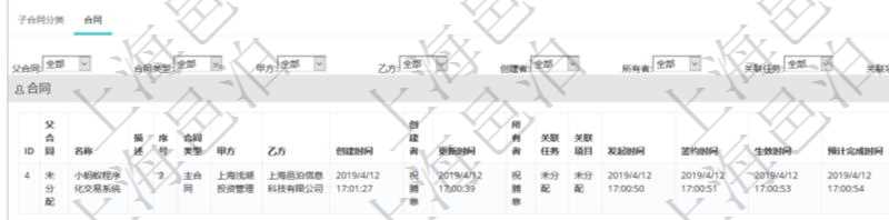 項(xiàng)目管理軟件合同管理模塊合同分類明細(xì)查詢還可以關(guān)聯(lián)查詢更多相關(guān)資料，比如該合同類型的所有合同：父合同、名稱、描述、序號(hào)、合同類型、甲方、乙方、創(chuàng)建者、更新時(shí)間、所有者、關(guān)聯(lián)任務(wù)、關(guān)聯(lián)項(xiàng)目、發(fā)起時(shí)間、簽約時(shí)間、生效時(shí)間、預(yù)計(jì)完成時(shí)間、實(shí)際完成時(shí)間、完成進(jìn)度等。