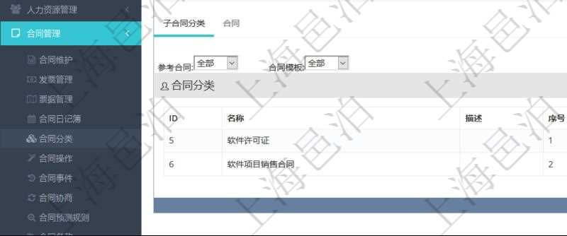 項(xiàng)目管理軟件合同管理模塊合同分類明細(xì)查詢還可以關(guān)聯(lián)查詢更多相關(guān)資料，比如子合同分類：子合同分類名稱、描述、序號、參考合同、合同模板等。
