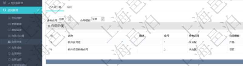 項目管理軟件合同管理模塊合同分類明細(xì)查詢還可以關(guān)聯(lián)查詢更多相關(guān)資料，比如子合同分類：子合同分類名稱、描述、序號、參考合同、合同模板等。