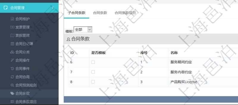 項(xiàng)目管理軟件合同管理模塊合同條款明細(xì)查詢還可以關(guān)聯(lián)查詢更多相關(guān)資料，比如該合同條款的所子合同條款：是否模板、序號、子合同條款名稱、子合同條款標(biāo)題、子合同條款內(nèi)容、子合同條款模板、關(guān)鍵字等。