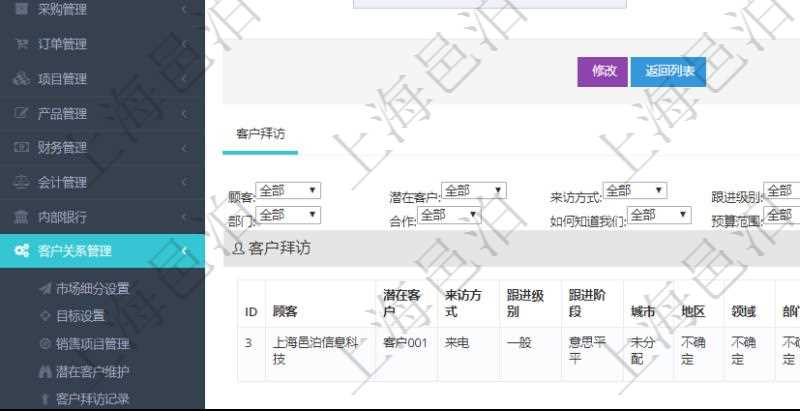 在項(xiàng)目管理軟件CRM客戶關(guān)系管理系統(tǒng)中，查詢客戶項(xiàng)目時(shí)除了返回實(shí)際客戶項(xiàng)目信息外，還包括客戶項(xiàng)目的拜訪記錄：潛在客戶、來(lái)訪方式、跟進(jìn)級(jí)別、跟進(jìn)階段、城市、地區(qū)、領(lǐng)域、部門、合作方式、如何知道我們、預(yù)算范圍、聯(lián)系目標(biāo)、簽約概率、溝通細(xì)節(jié)、來(lái)訪時(shí)間、價(jià)格反應(yīng)及認(rèn)知途徑等。