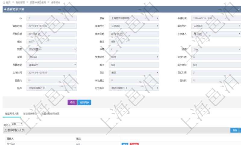 在項目管理軟件財務管理模塊查詢差旅申請明細信息時，返回相關信息：申請時間、審批時間、申請用戶、審批用戶、開始日期、結束日期、主申請人、描述、備注、預算、序號、貨幣單位、金額、預算項目、項目引用、預算類型、備注、成本類別、生效時間、已提交、審批通過、已劃款、賬戶、對方賬戶。同時，在差旅同行人員維護列表可以增減同行人及備注。