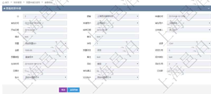 在項(xiàng)目管理軟件財(cái)務(wù)管理模塊查詢(xún)差旅申請(qǐng)明細(xì)信息時(shí)，返回相關(guān)信息：申請(qǐng)時(shí)間、審批時(shí)間、申請(qǐng)用戶(hù)、審批用戶(hù)、開(kāi)始日期、結(jié)束日期、主申請(qǐng)人、描述、備注、預(yù)算、序號(hào)、貨幣單位、金額、預(yù)算項(xiàng)目、項(xiàng)目引用、預(yù)算類(lèi)型、備注、成本類(lèi)別、生效時(shí)間、已提交、審批通過(guò)、已劃款、賬戶(hù)、對(duì)方賬戶(hù)。同時(shí)，在差旅同行人員維護(hù)列表可以增減同行人及備注。