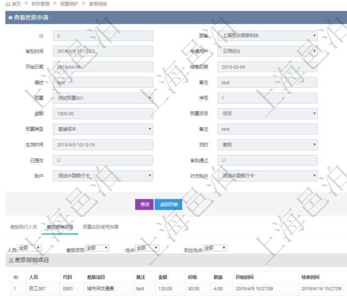 項(xiàng)目管理軟件財(cái)務(wù)管理模塊差旅申請明細(xì)查詢還可以關(guān)聯(lián)查詢更多相關(guān)資料，比如差旅報(bào)銷項(xiàng)目：人員、代碼、差旅項(xiàng)目、備注、金額、價(jià)格、數(shù)量、開始時(shí)間、結(jié)束時(shí)間、地點(diǎn)、到達(dá)地點(diǎn)。