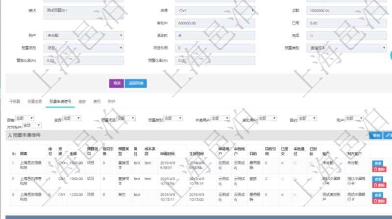 項(xiàng)目管理軟件財(cái)務(wù)管理模塊預(yù)算維護(hù)明細(xì)查詢還可以關(guān)聯(lián)查詢更多相關(guān)資料，比如預(yù)算申請(qǐng)使用：序號(hào)、貨幣單位、申請(qǐng)金額、預(yù)算項(xiàng)目、項(xiàng)目引用、預(yù)算類型、備注、成本類別、申請(qǐng)時(shí)間、生效時(shí)間、申請(qǐng)用戶、審批用戶、申請(qǐng)目的、目的引用、已提交、審批通過(guò)、已劃款、賬戶、對(duì)方賬戶。