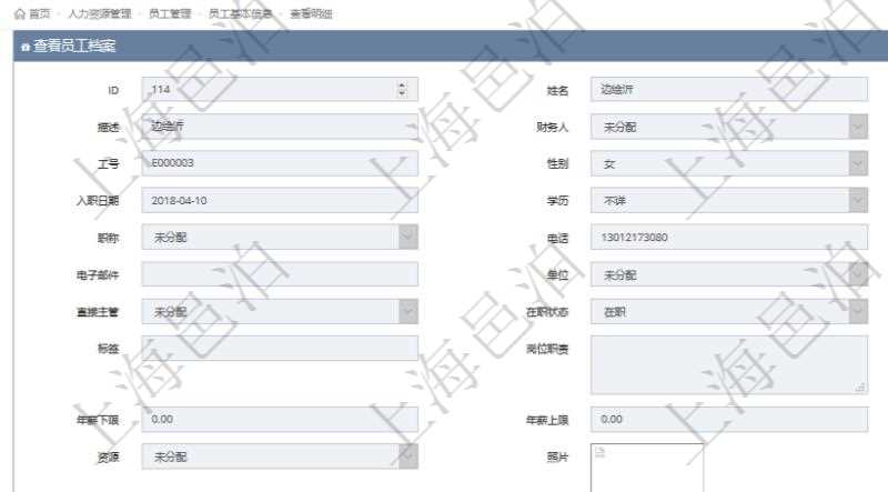 項(xiàng)目管理軟件人力資源管理模塊員工基本信息資料明細(xì)查詢還可以關(guān)聯(lián)查詢更多相關(guān)資料，比如上崗證編號(hào)、標(biāo)題、描述、生效日期、終止日期等。