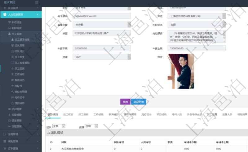 項目管理軟件人力資源管理模塊員工基本信息資料明細查詢除了包括姓名、代碼、描述、財務人、登錄賬戶、工號、性別、生日、入職日期、學歷、崗位、職稱、電話、傳真、電子郵件、單位、部門、直接主管、在職狀態(tài)、負責領域、標簽、崗位職責、自我介紹、年薪下限、年薪上限、年成本、資源、照片等信息還可以關聯(lián)查詢更多相關資料。