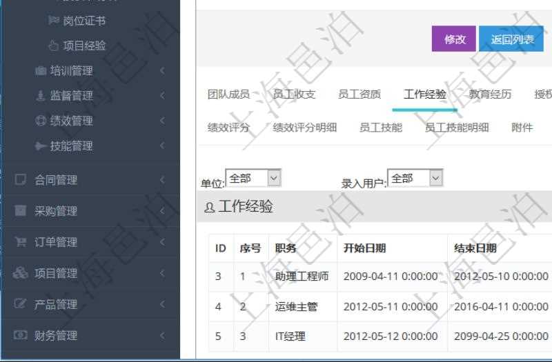 項(xiàng)目管理軟件人力資源管理模塊員工基本信息資料明細(xì)查詢(xún)還可以關(guān)聯(lián)查詢(xún)更多相關(guān)資料，比如員工工作經(jīng)驗(yàn)信息：職務(wù)、開(kāi)始日期、結(jié)束日期、單位、主要職責(zé)、錄入時(shí)間、錄入用戶(hù)等。