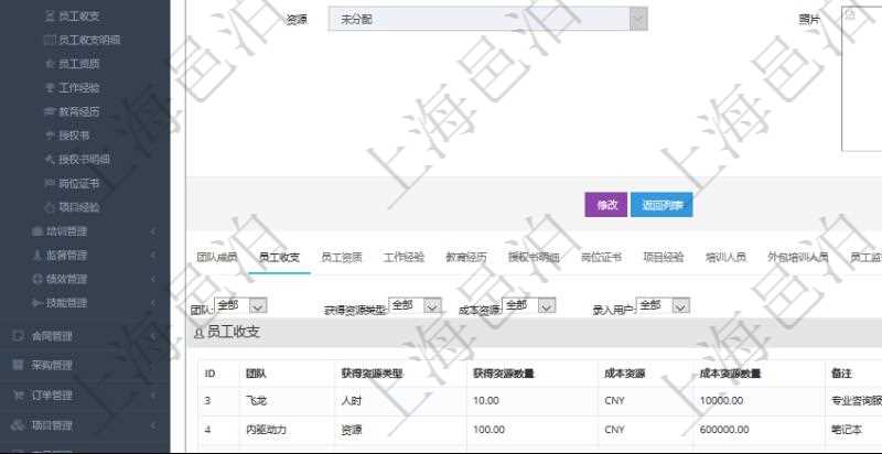 項(xiàng)目管理軟件人力資源管理模塊員工基本信息資料明細(xì)查詢還可以關(guān)聯(lián)查詢更多相關(guān)資料，比如員工收支信息：團(tuán)隊(duì)、獲得資源類型、獲得資源數(shù)量、成本資源、成本資源數(shù)量、備注、日志類型、創(chuàng)建時(shí)間、記錄時(shí)間、錄入用戶。